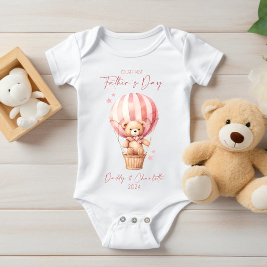 First Father's Day Pink Teddy Bear Baby Vest