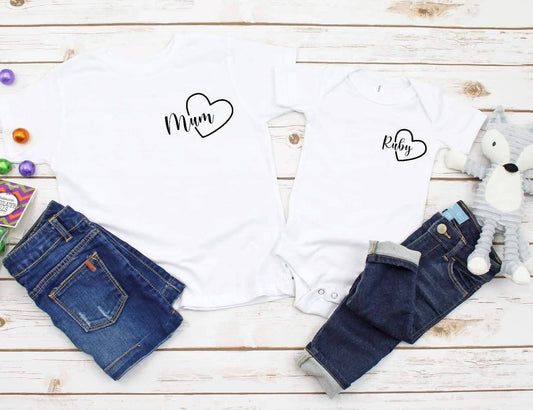 Personalised Heart Mum & Baby Matching Tshirt Set