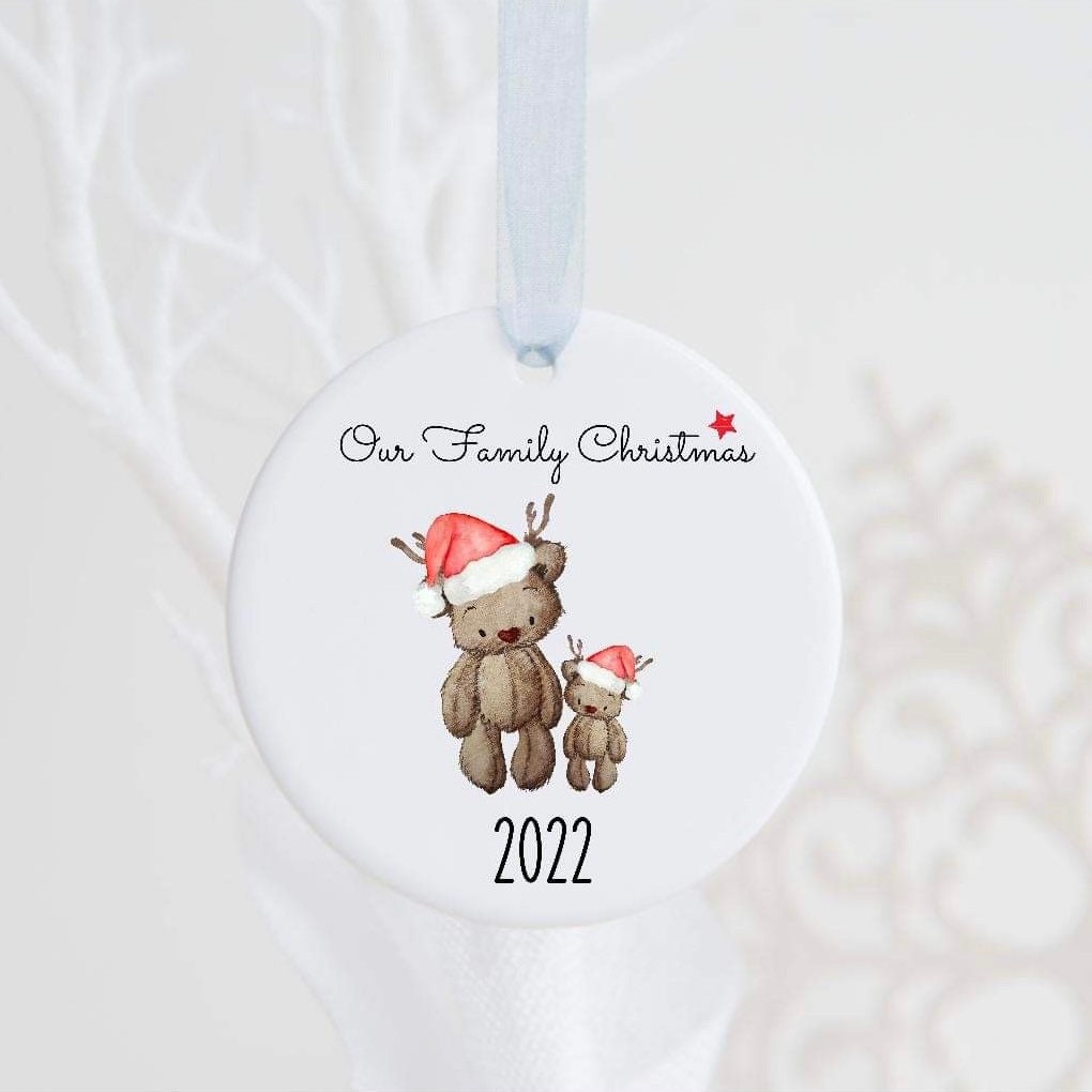 Personalised Christmas Teddy Bear Family Ceramic Bauble
