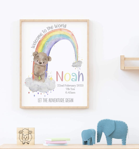 Personalised BabyBirth Annoucement Rainbow Teddy Print