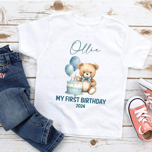 Personalised 1st Birthday Blue Teddy Bear Tshirt