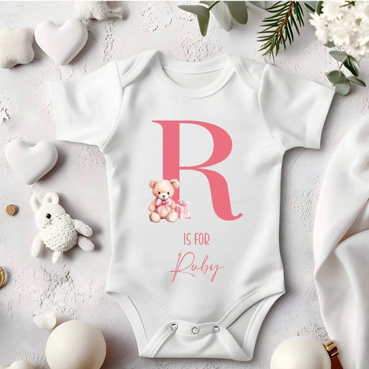 Personalised Pink Teddy Bear Initial Baby Vest