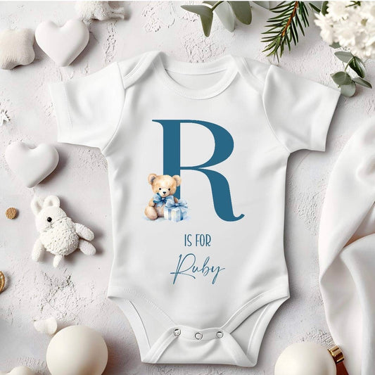 Personalised Blue Teddy Bear Initial Baby Vest