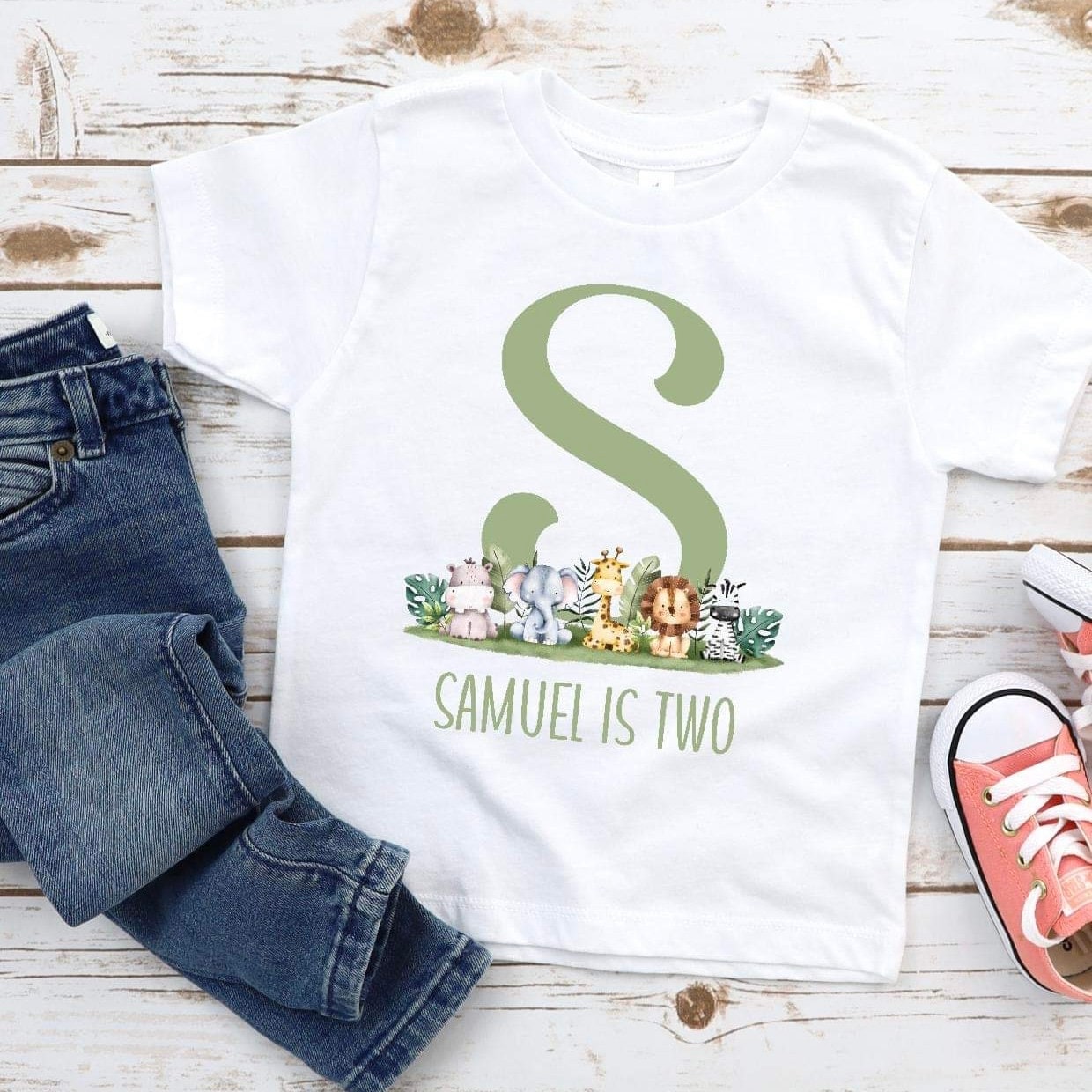 Personalised Birthday Safari Animals Initial Tshirt